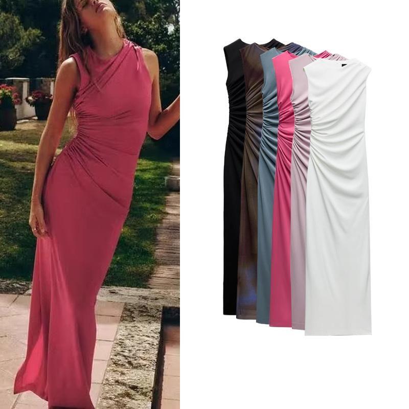 Spring New Women's Clothing Fashion Style Round Neck Sleeveless Ruched Silk Net Long Midi Skirt Dress 8312536