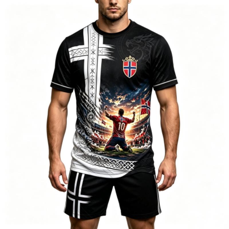 Summer Fashion Norge Badge Norway Football Printed Round Neck Short Sleeved Kids T-Shirt And Shorts Set Boy's and Girl's T-shirt Shorts Set