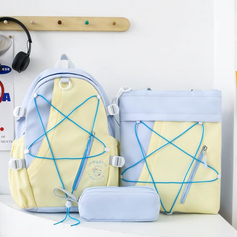 Three-Piece Backpack Set for Primary and Middle School Students Schoolbag Color Block Cartoon Backpack for Women Large Capacity Backpack