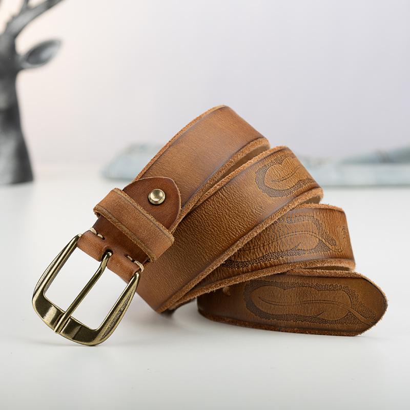 Ретро Личность Первый Слой Коровьей Кожи Гравированный Ремень Мужской Кожаный С Пряжкой-Иголкой Легкий Модный Джинсовый Повседневный Ремень для Брюк