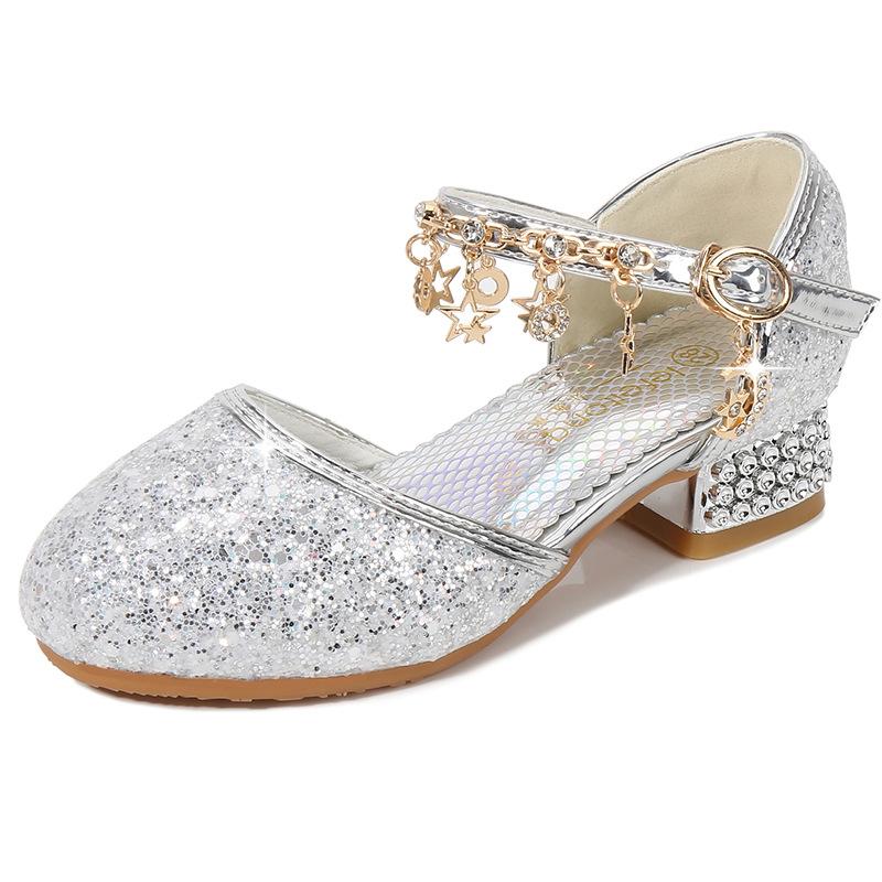 Summer new fashion girls' leather shoes, princess shoes, children's crystal shoes, soft-soled high-heeled shoes for little girls' runway performances