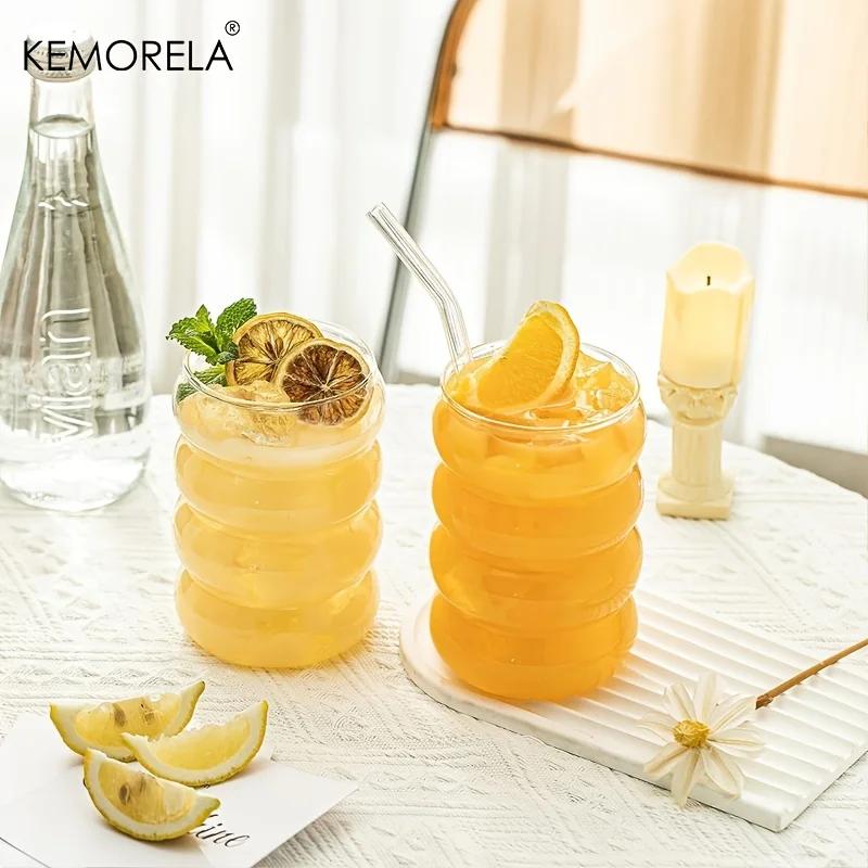 1/4PCS 16OZ Creative Glass Cup Straw Heat-Resistant Wave Cup Beer Juice Ice Coffee Cups Cocktail Fruit Glass Drinkware
