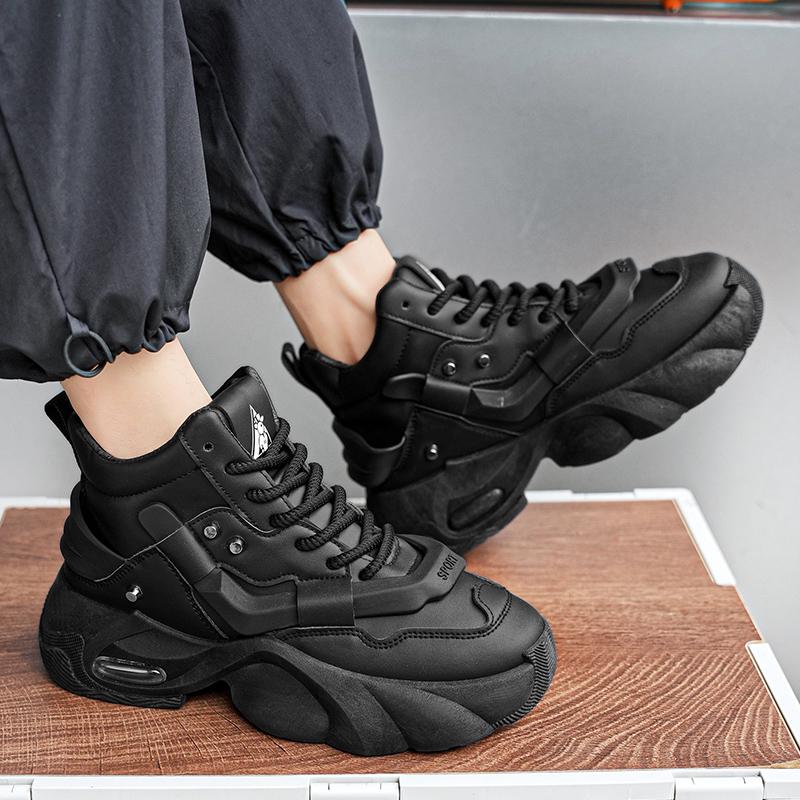 2024 Men's White High-Top Shoes with 12cm Invisible Height Increase, Air Cushion, Thick Sole, Fashionable Dad Sneakers