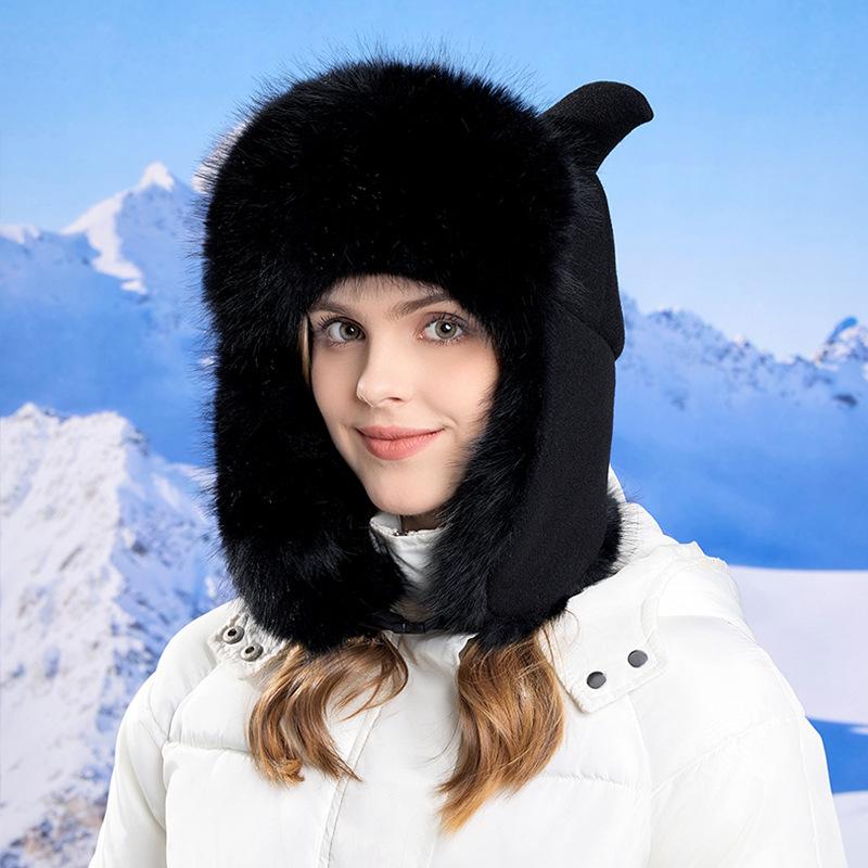 Winter Thickened Cold and Warm Hat Women's Plush Windproof Ear Protection Outdoor Riding Big Head Circumference Pullover Hat