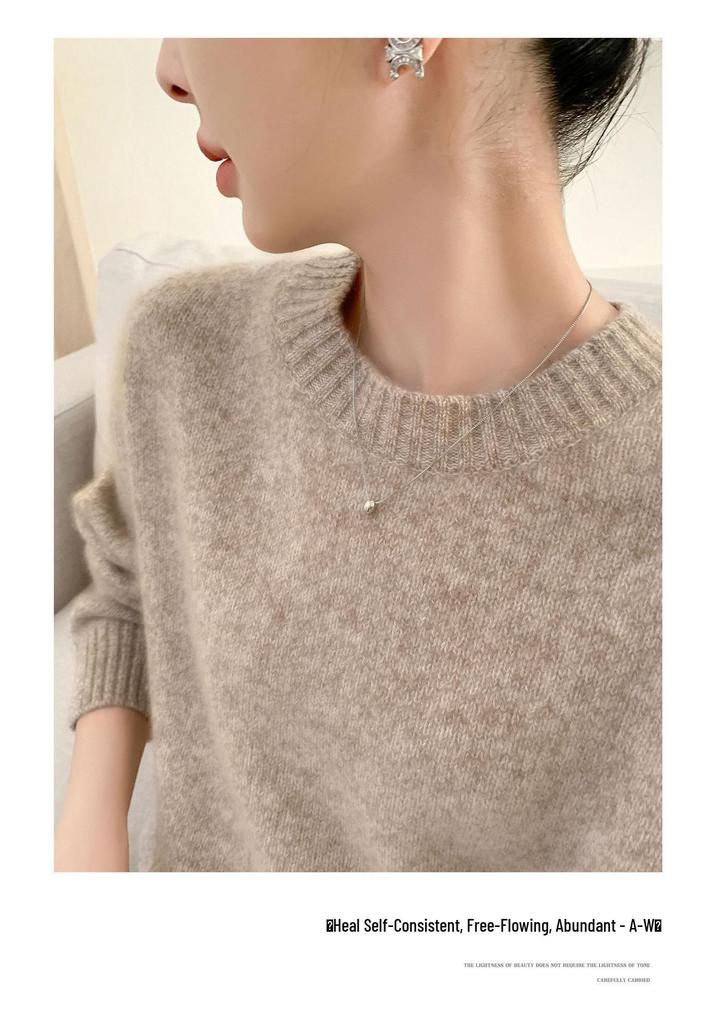 Women's Heather Yarn 100% Wool Round Neck Knit Pullover - Seven-Stitch, Long Sleeve, Lazy Style Base Layer