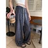 Kumikumi Idle Style Retro Gingham Elastic Waist Casual Pants Women's Clothing Autumn Stitching Lace Drooping Wide-Leg Pants