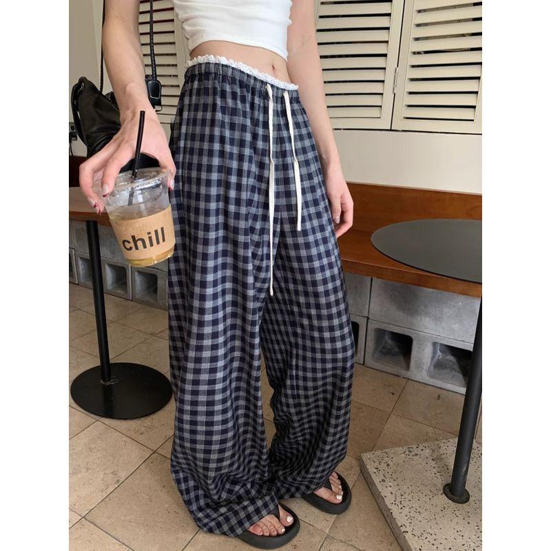 Kumikumi Idle Style Retro Gingham Elastic Waist Casual Pants Women's Clothing Autumn Stitching Lace Drooping Wide-Leg Pants