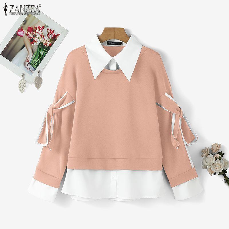 ZANZEA Женские повседневные свитшоты с отложным воротником, длинными рукавами и лоскутным дизайном