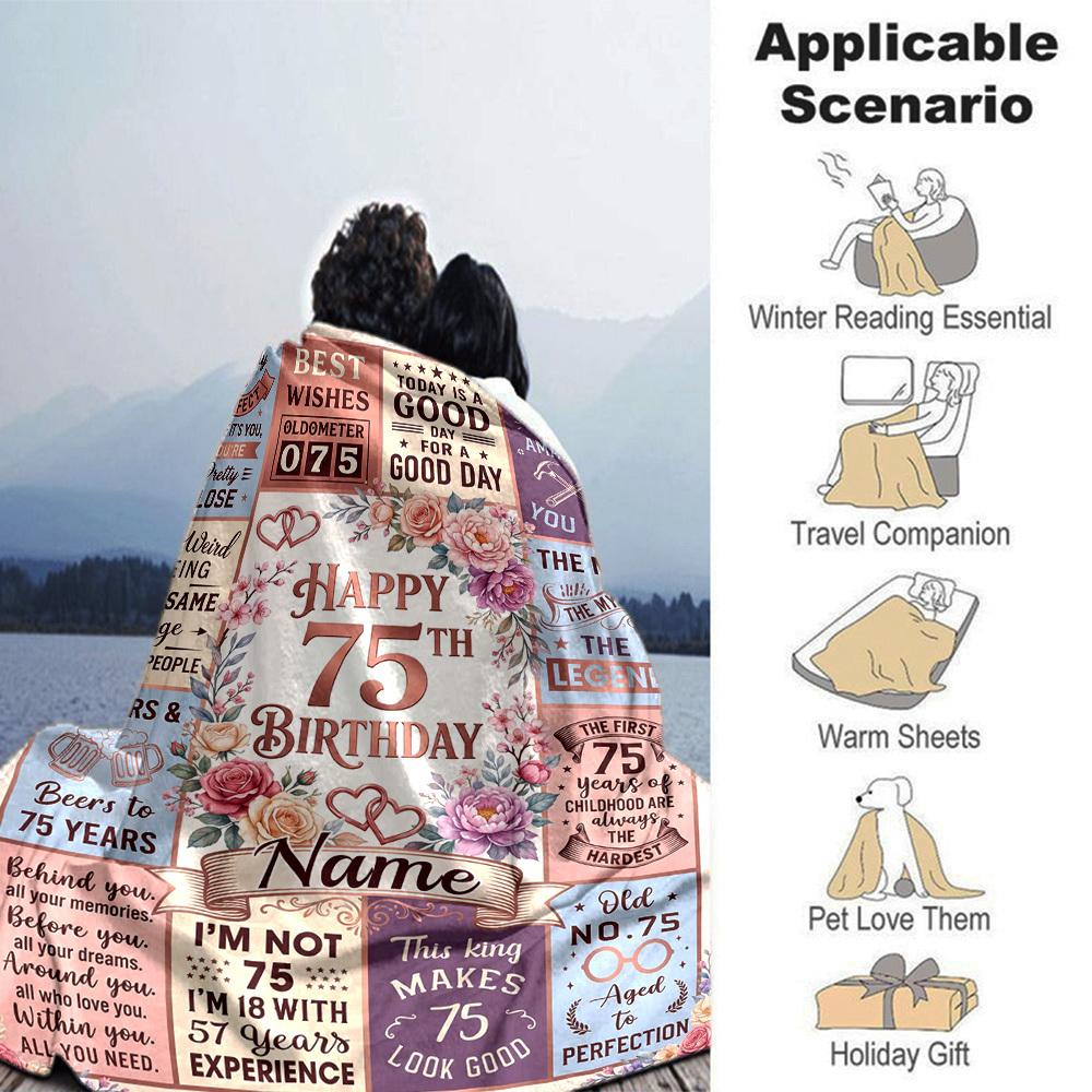 75Th Birthday Celebration Blanket Personalized Name Soft Warm And Versatile For Sofa Bed Office And Travel Machine Washable Comfortable In All Seasons