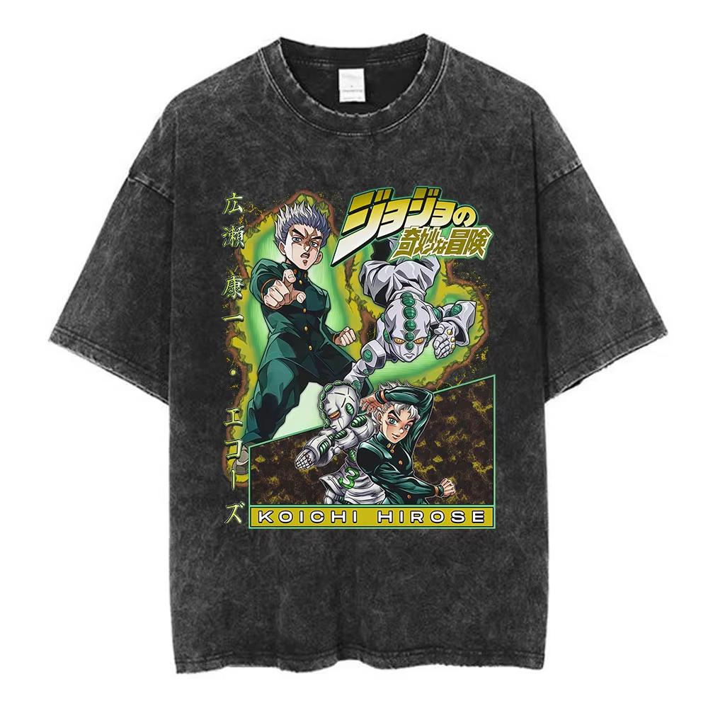 Аниме JoJo's Bizarre Adventure Кира Йошикаге Killer Queen Винтажные выцветшие футболки Мужские Женские Повседневные Футболки с коротким рукавом
