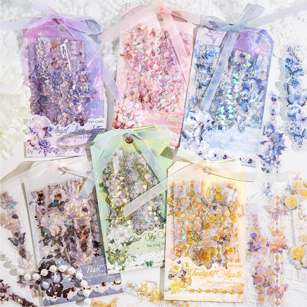 Journamm 20pcs/pack Lace Flower Butterfly Long PET Sticker DIY Collage Supplies Creative Decor Stationery Aesthetics Stickers