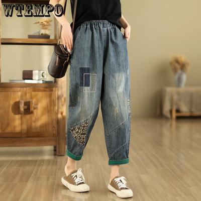 Весна/лето Новые повседневные брюки-харен для женщин Вышитые женские укороченные брюки Свободные джинсы для женщин