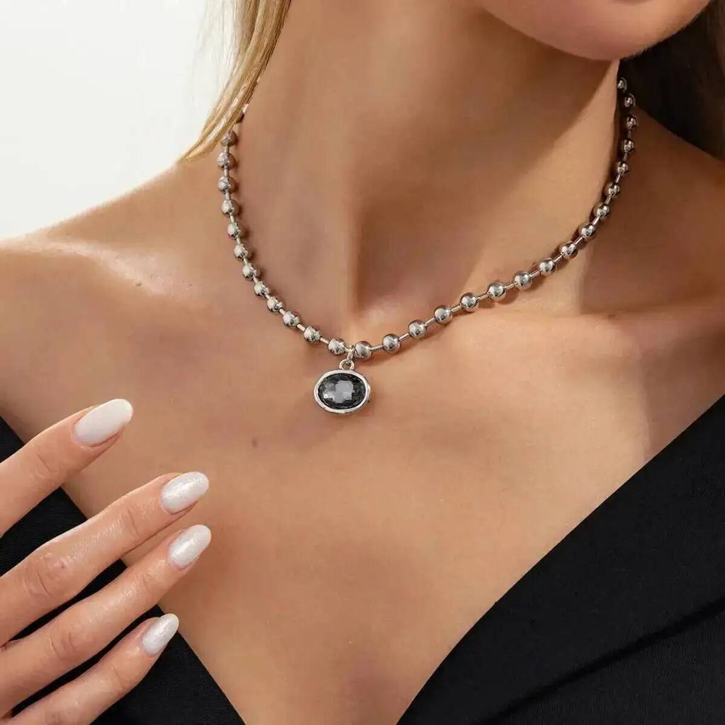 SHIXIN Trendy Luxury Metal Beaded Chain Irregular Black Acrylic Rhinestone Pendant Necklace Bracelets Set Women Daily Jewelry