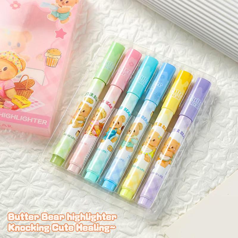Набор из 6 разноцветных маркеров-ручек Kawaii Butter Bear флуоресцентные маркеры ручки школьные канцелярские принадлежности для студентов канцелярские подарки