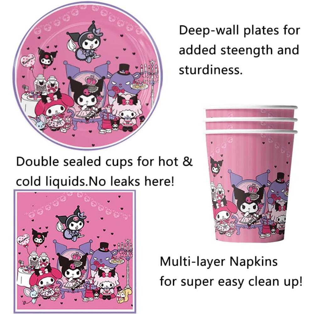 Набор праздничной посуды Kuromi из 51 предмета включает баннер, скатерть, тарелки, салфетки