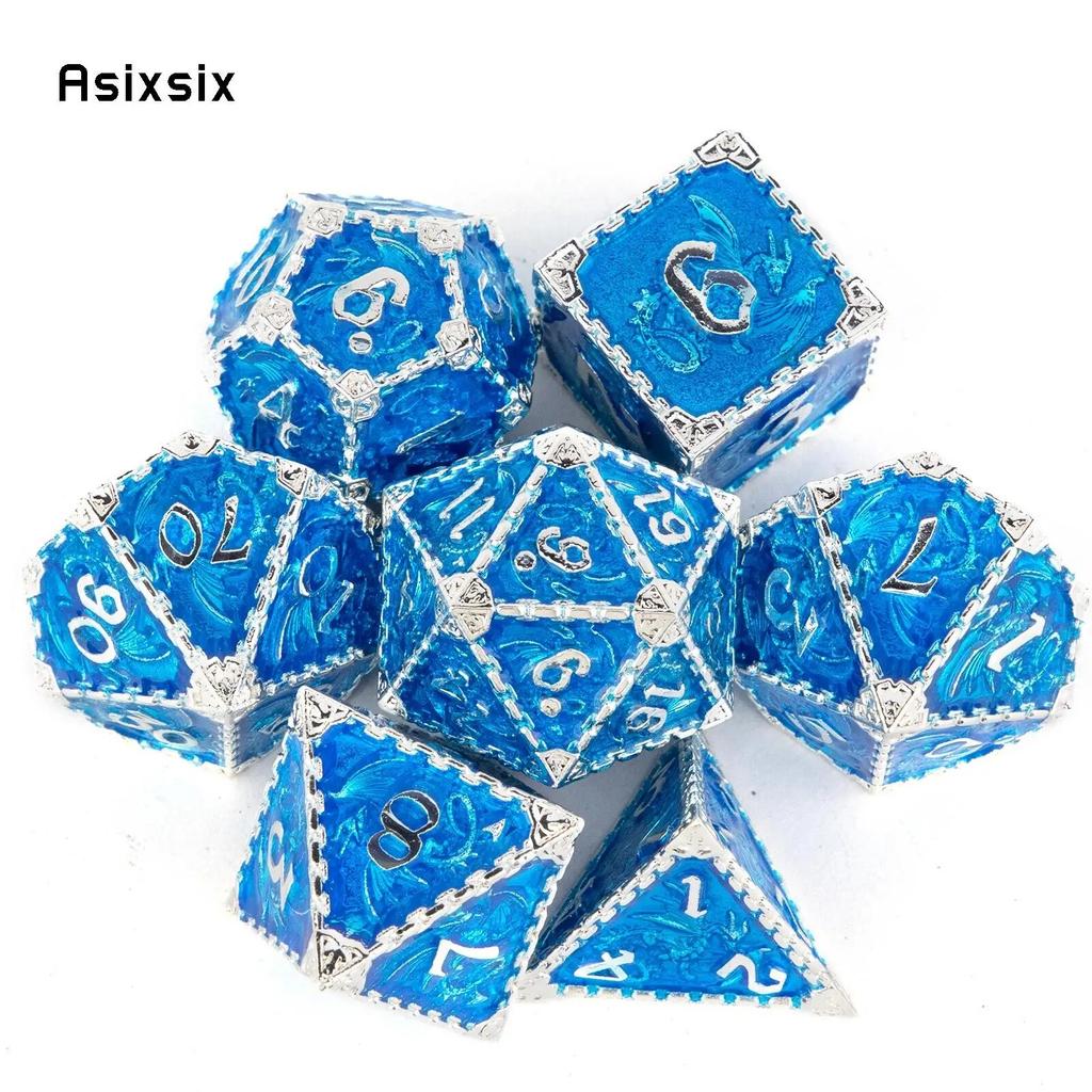7 Pcs Blue White Dragon Metal Dice Solid Metal Polyhedral Dice Set Suitable for Role-Playing RPG Board Game Card Game