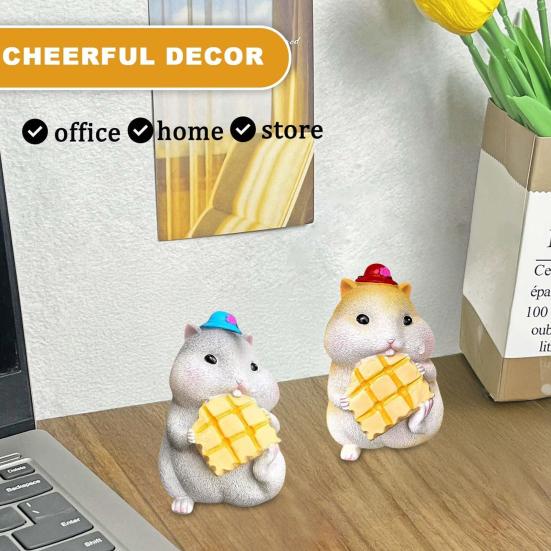 2 Pcs Hamster Figurine Resin Hamster Eating Cheese Statue Cartoon Animal Ornament for Home Office Desk Car Dashboard Decoration