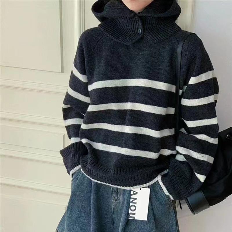 Шикарный контрастный полосатый свитер с капюшоном женский осенний, зимний, осенне-зимний свободный ленивый ветер с длинным рукавом вязаный свитер топ