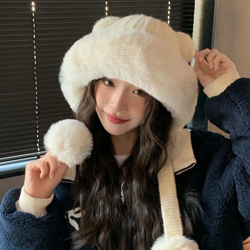 Осенне-зимняя шапка Женская модная плюшевая шапка с медвежьими ушками Защита от холода Защита ушей Флисовая теплая шапка