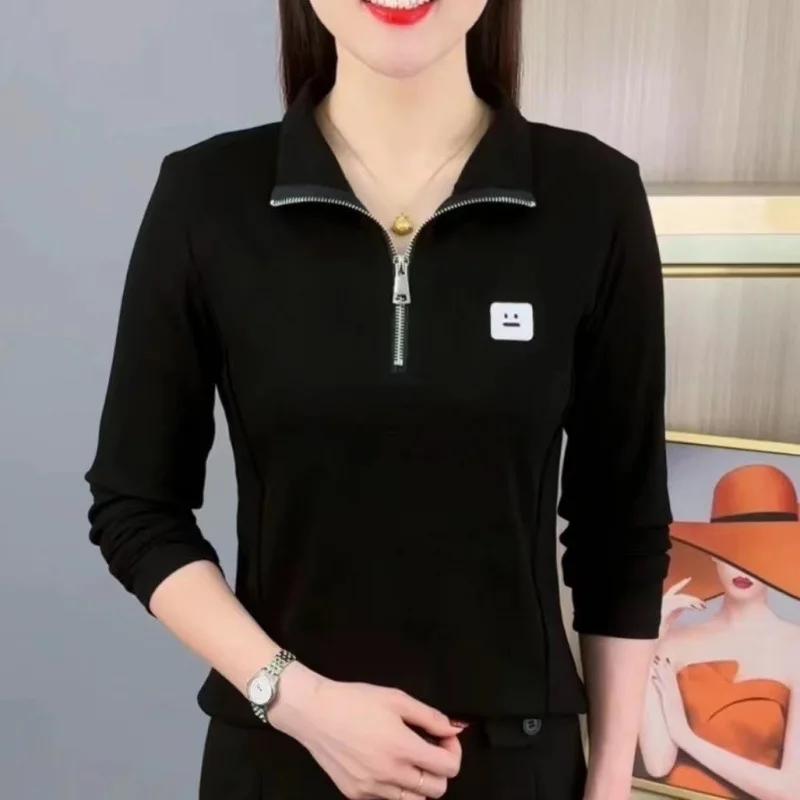 Женское платье поло 2025 Весна Мода Темперамент Молния Лацкан Однотонный Повседневный С длинным рукавом Топ поло Рубашка для ношения под низ