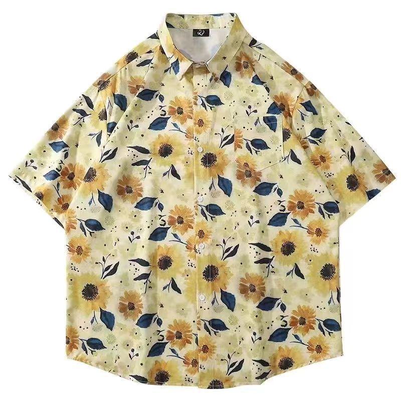 Гавайская рубашка унисекс в стиле Гонконга с цветочным принтом в стиле ретро – стильный, свободный дизайн с короткими рукавами