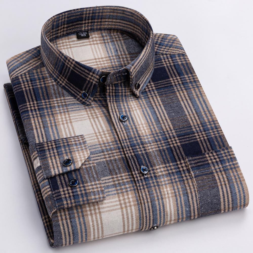 Men's Fashion Brushed Flannel Plaid Striped Shirts Single Patch Pocket Comfortable 100% Cotton Long Sleeve Standard-fit Shirt
