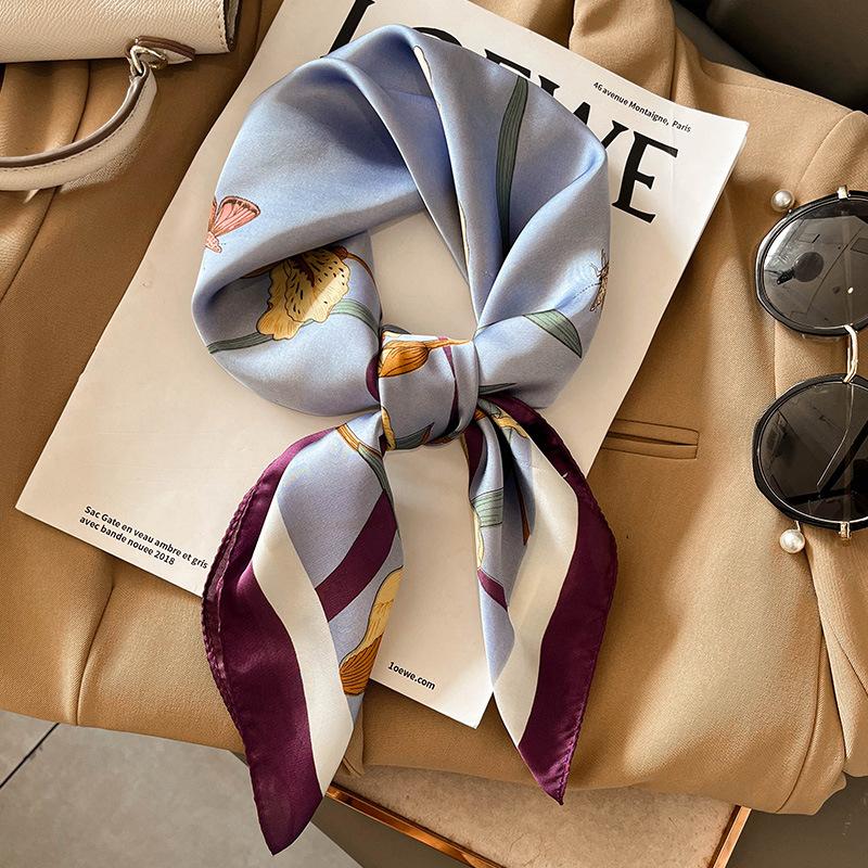 Elegant Skinny Silk Square Scarf Women Floral Print Foulard Neckerchief Head Hijab Bandana Bag Ribbon Lady Soft Satin Hairband