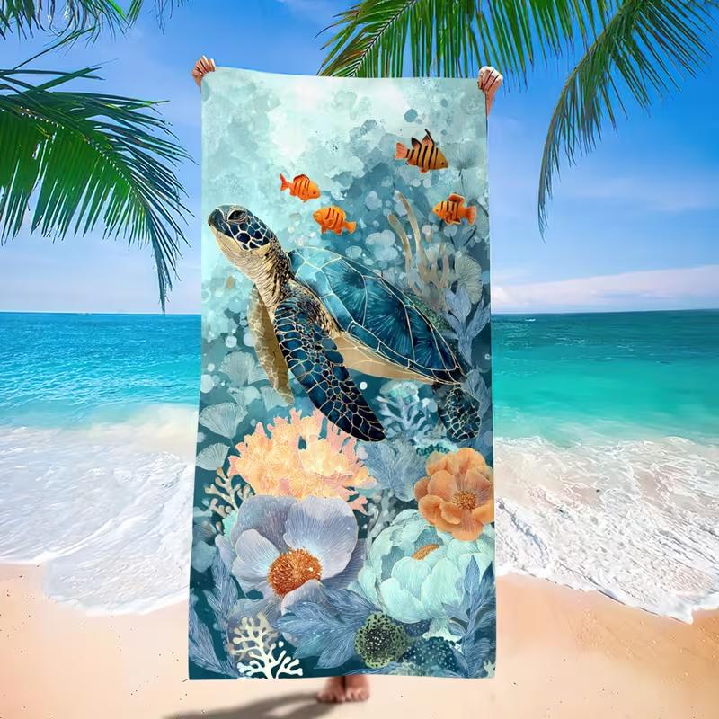 Watercolor Sea Turtle Coral Floral Beach Towel Quick Dry Marine Life Fish Print Towel for Beach Pool Travel Summer Holiday Gym