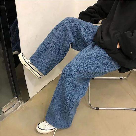 Autumn Winter Women Pants Solid Color Elastic Waist Thickened Imitation Cashmere Loose Straight Ankle Tied Trousers Streetwear