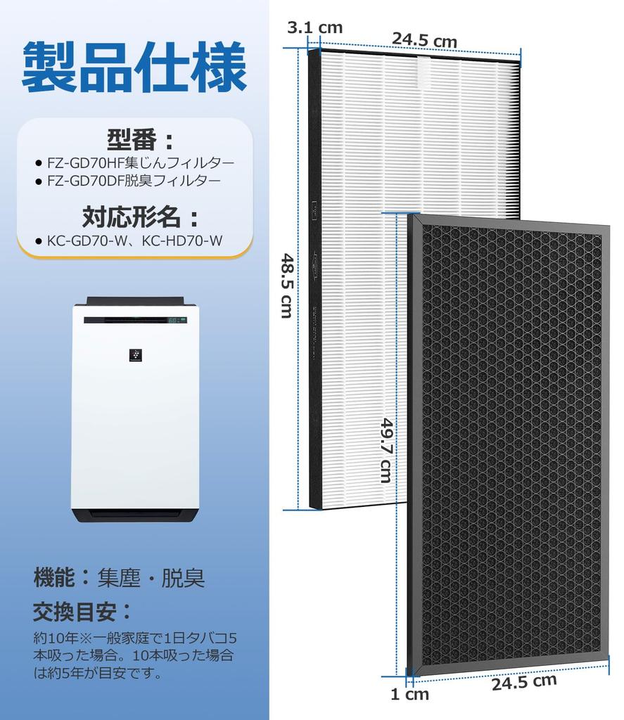Dust Collecting HEPA Filter and Deodorizing Filter for Sharp Humidifying Air Purifier FZ-GD70HF FZ-GD70DF KC-GD70 KC-HD70