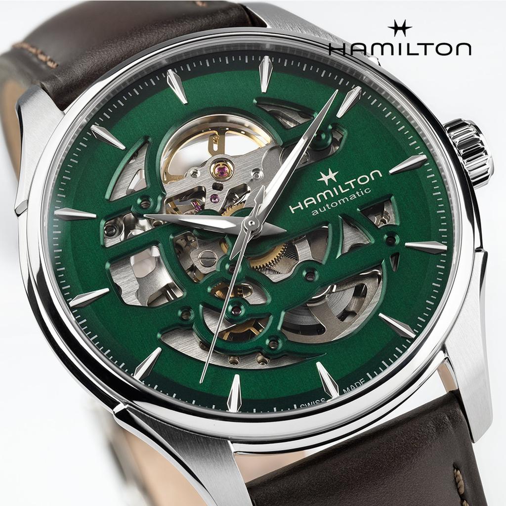 [Hamilton] Jazzmaster Skeleton Green 40mm Leather Strap H42535560
