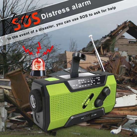 Hiking Survival Radio Multifunctional Emergency Radio Hand-Crank USB Solar Battery Powered 115dB SOS Alarm Zoom Torch Alarm Reading Lamp,