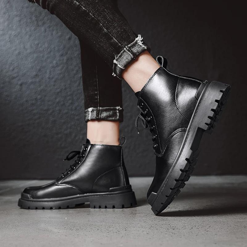 Fashion Lace-Up Men Winter Plush Snow Boots 2024 New All-match Male Boots Outdoor Men's Low Top Basic Shoes Leather Motorcycle Boots