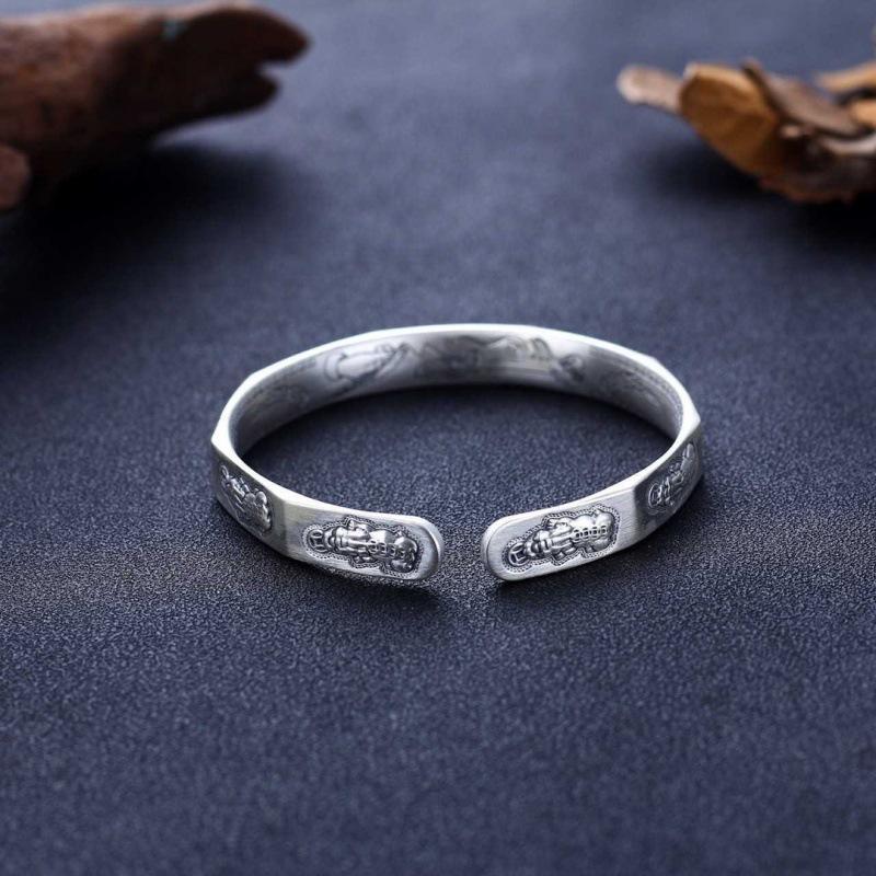 Zuyin 999.9 Retro Worn Pixiu Wealth Attraction Bracelet for Men and Women Open Six Character True Words Pure Silver Bracelet