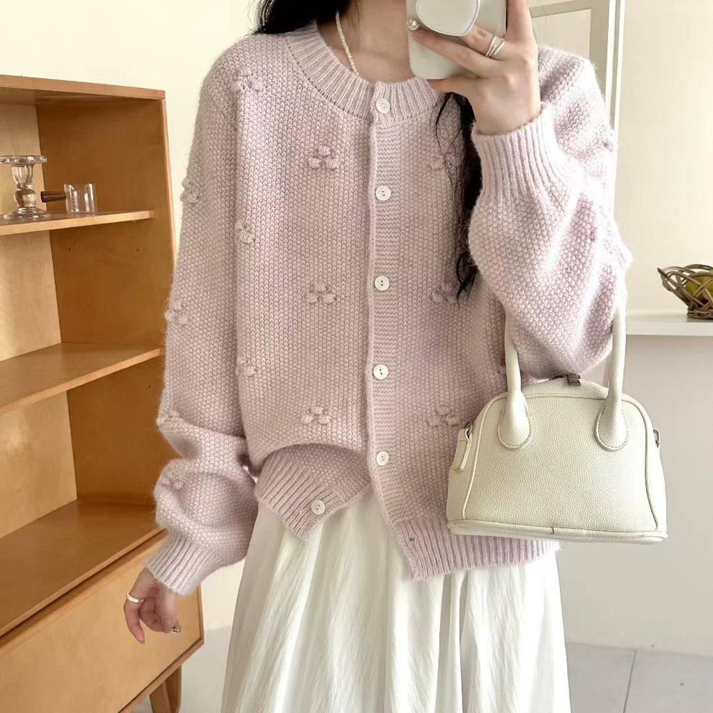 Осень и Зима Новинка Японский Ретро Тяжелая Промышленность Трехмерный Цветок Вязаный Кардиган Женский Нежный Стиль Свободный и Стройнящий Свитер Куртка