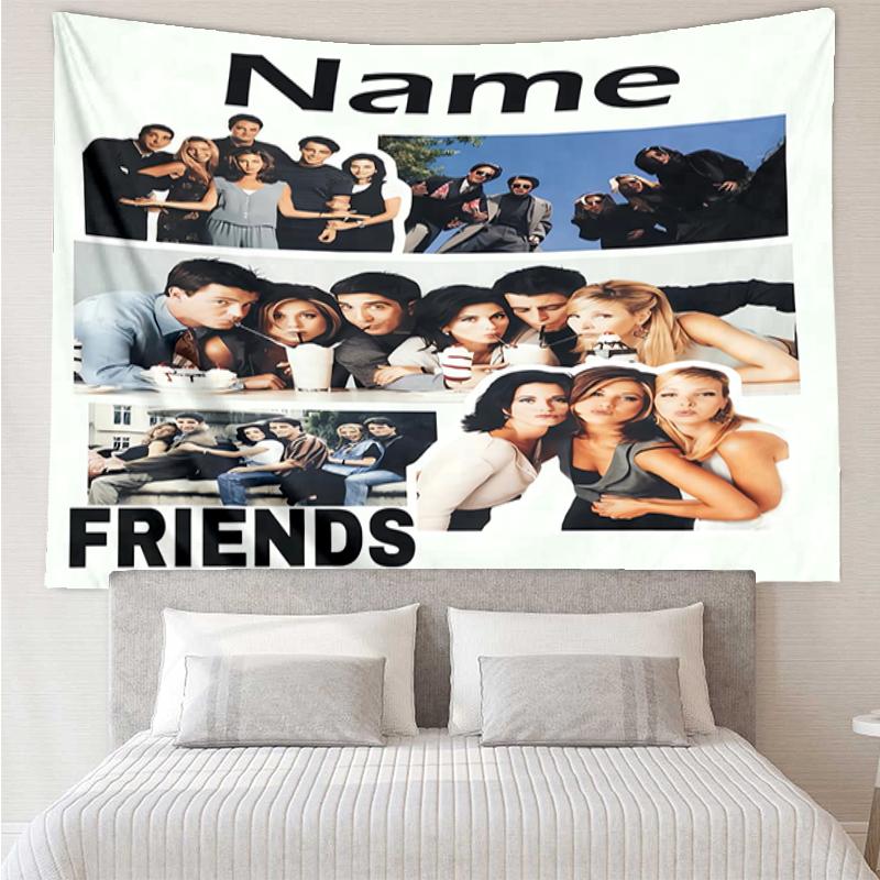Custom Name Friends Print Tapestry, Backdrop, Easy Setup, Ideal for Bedroom, Office & Living Room, with Aesthetic Wall Hanging Decor.