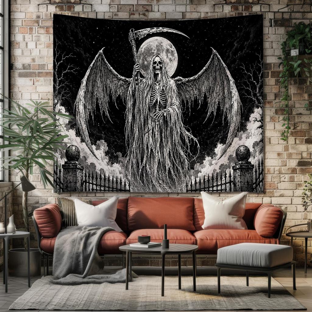 Grim Reaper Gothic Tapestry Skeleton Death Wall Hanging Occult Dark Academia Room Decor