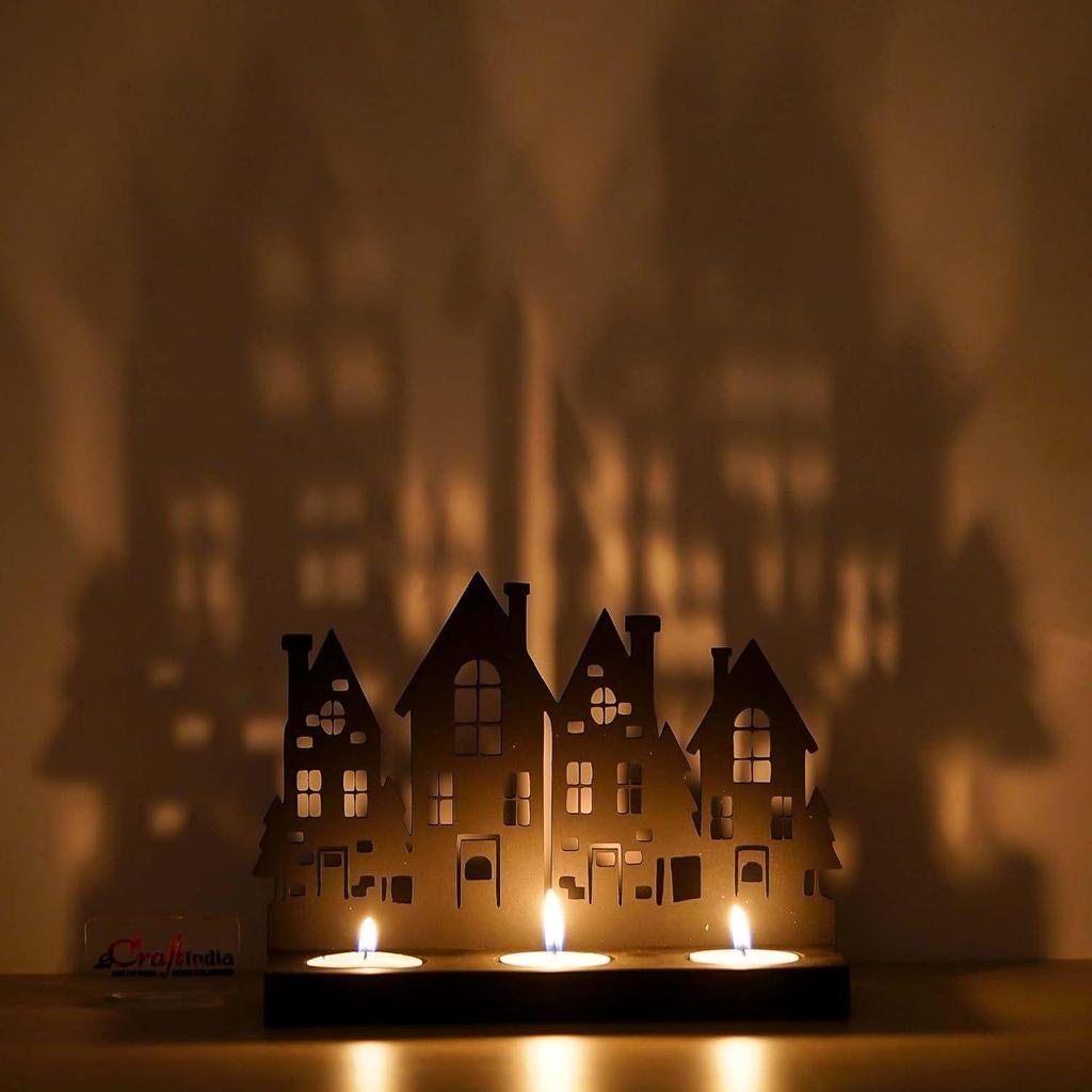 Merry Christmas Tower Decorative Tea Light Candle Holders (Wooden Black) | Decoration Items for Home, Living Room, Office