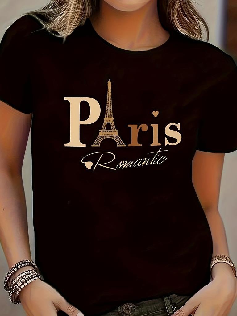 Paris France Eiffel Tower T-Shirt - Casual Round Neck Tee with Iconic Landmark