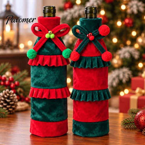 Holiday Party Table Decorations Christmas Wine Bottle Cover with Bow & Pom Pom, Drawstring Red Cute Costumes Green Wrap for Decor, Home Decoration