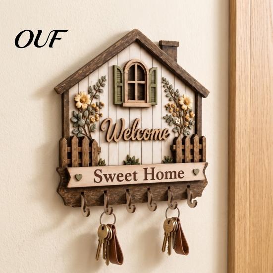 Farmhouse Decor for Home Wooden Key Holder Wall, House Shape Rack with Floral Storage Wall Relief, Welcome Sweet Mount Hooks, Rustic Entryway Entrance