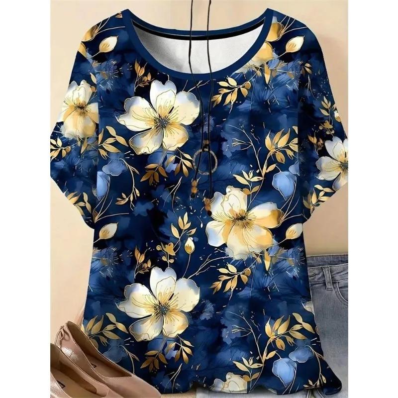Crew Neck Pleated Neckline Short-sleeved T-shirt Watercolor Large Flower Full Print Light Beach Vacation Loose Meat Cover Top Women