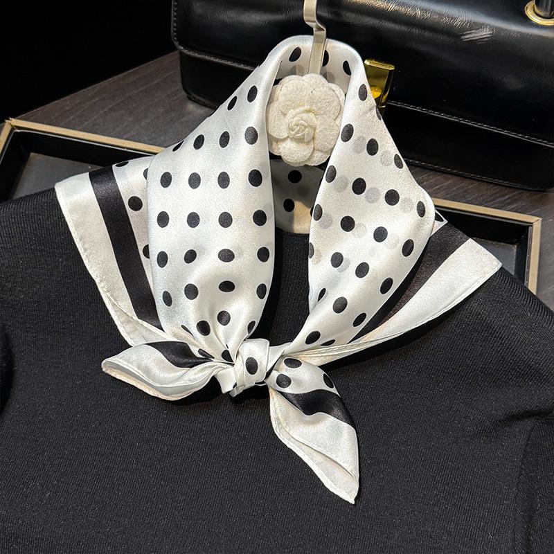 Versatile White Polka Dot Mulberry Silk Scarf - Stylish Korean Small Square for Spring/Summer