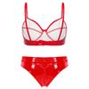 Women Patent Leather Lingerie Set Wet Look Bra Top Wire Free No Padding Zipper Crotch Low Rise Briefs