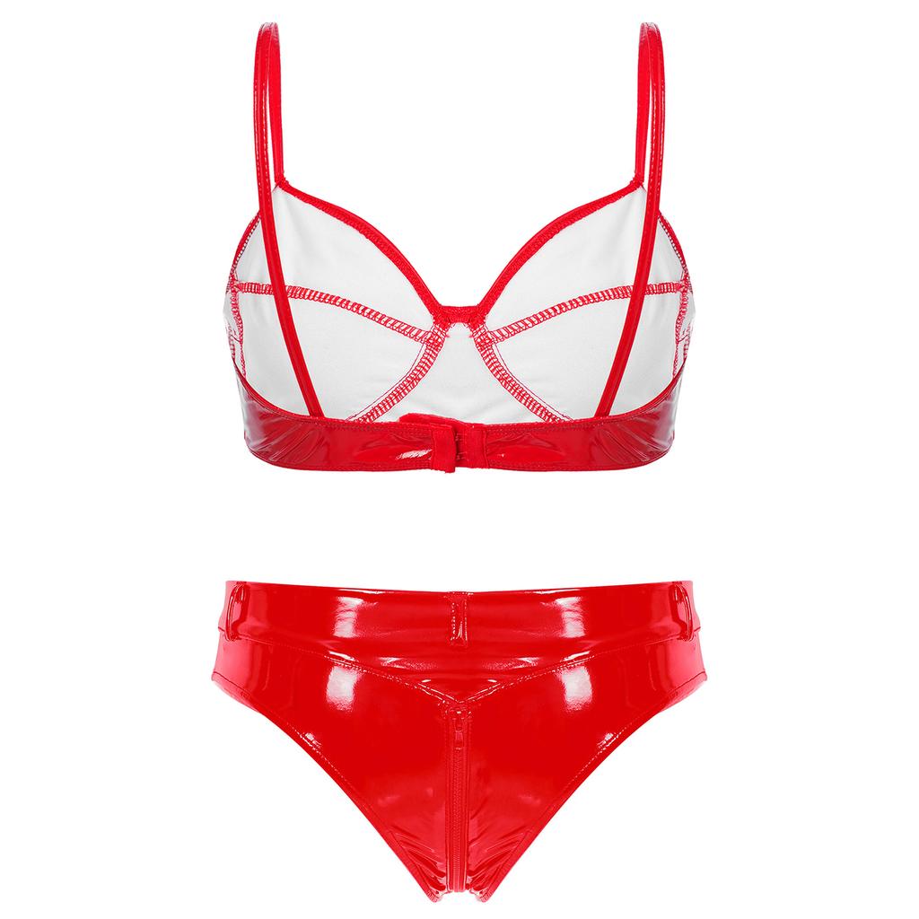 Women Patent Leather Lingerie Set Wet Look Bra Top Wire Free No Padding Zipper Crotch Low Rise Briefs