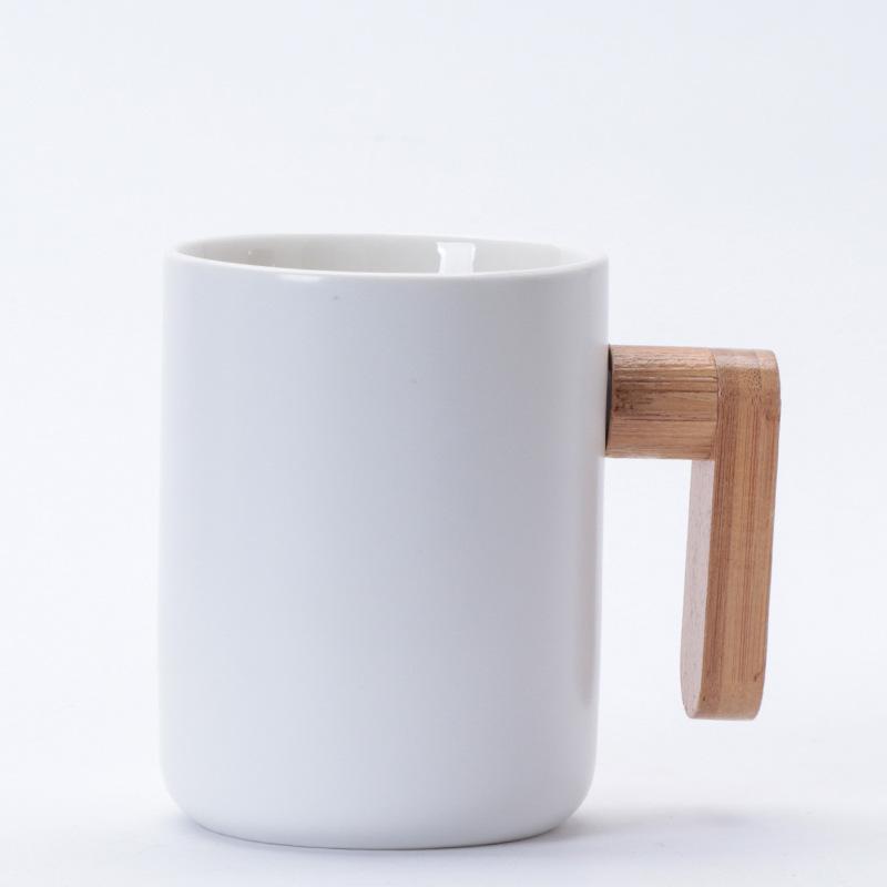 Nordic Wooden Handle Ceramic Mug Office Water Cup Business Event Gift White Porcelain