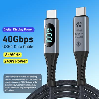 Кабель USB4 USB C на USB C, поддержка 8K 60 Гц HD PD240 Вт Быстрая зарядка 40 Гбит/с Передача данных, 1 м, нейлоновая оплетка со светодиодным дисплеем