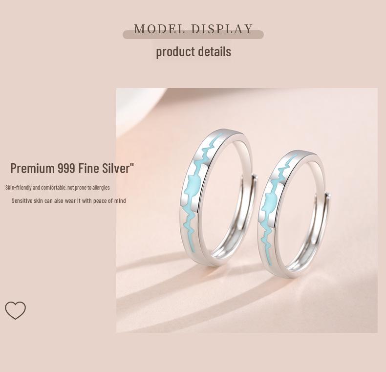 Korean Style Sterling Silver 999 Luminous Heartbeat Kitten Couple Rings