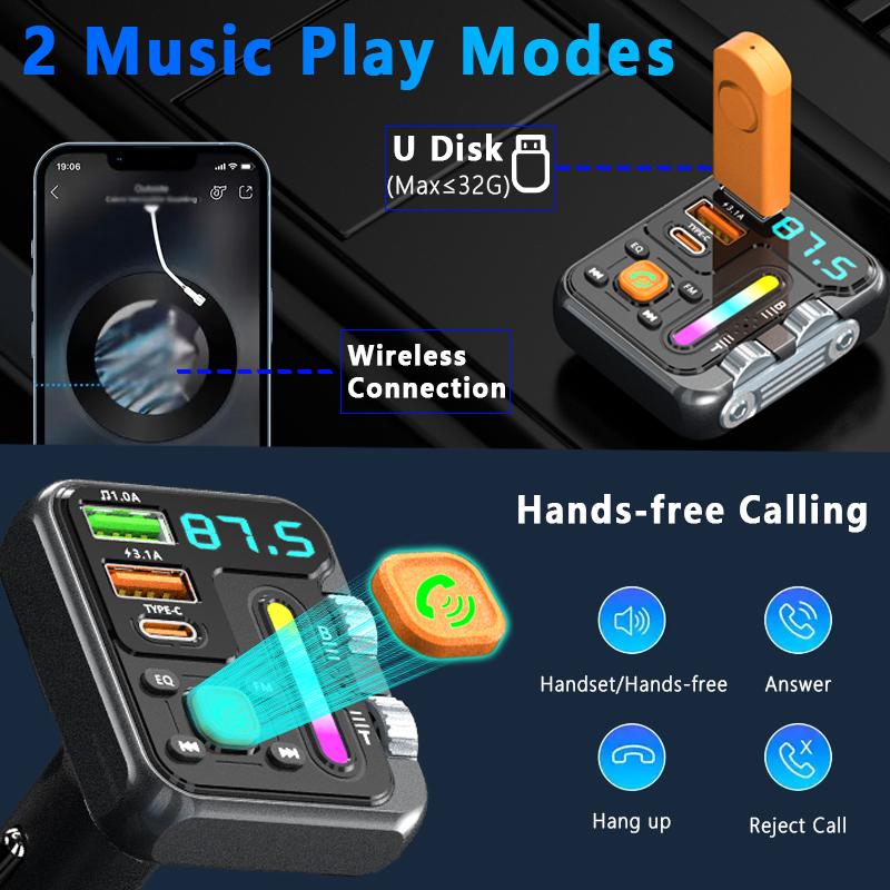 Wireless Car MP3 Player,FM Transmitter,USB/PD 3.1A Fast Charging,Hi-Fi Audio, Music Light Bar,Double Roller Design,Car Charger