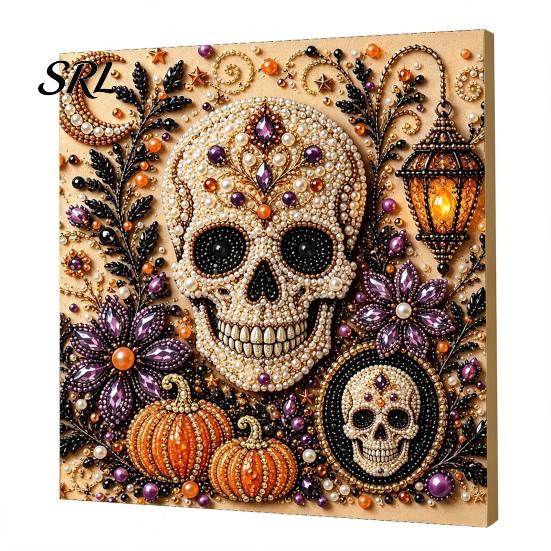 Autumn Home Decor Ghost Faux Pearl Art Kit, Halloween Pumpkin Painting DIY Decorative Canvas Projects 3D Spooky Skull Craft Kit for Adults Beginners,